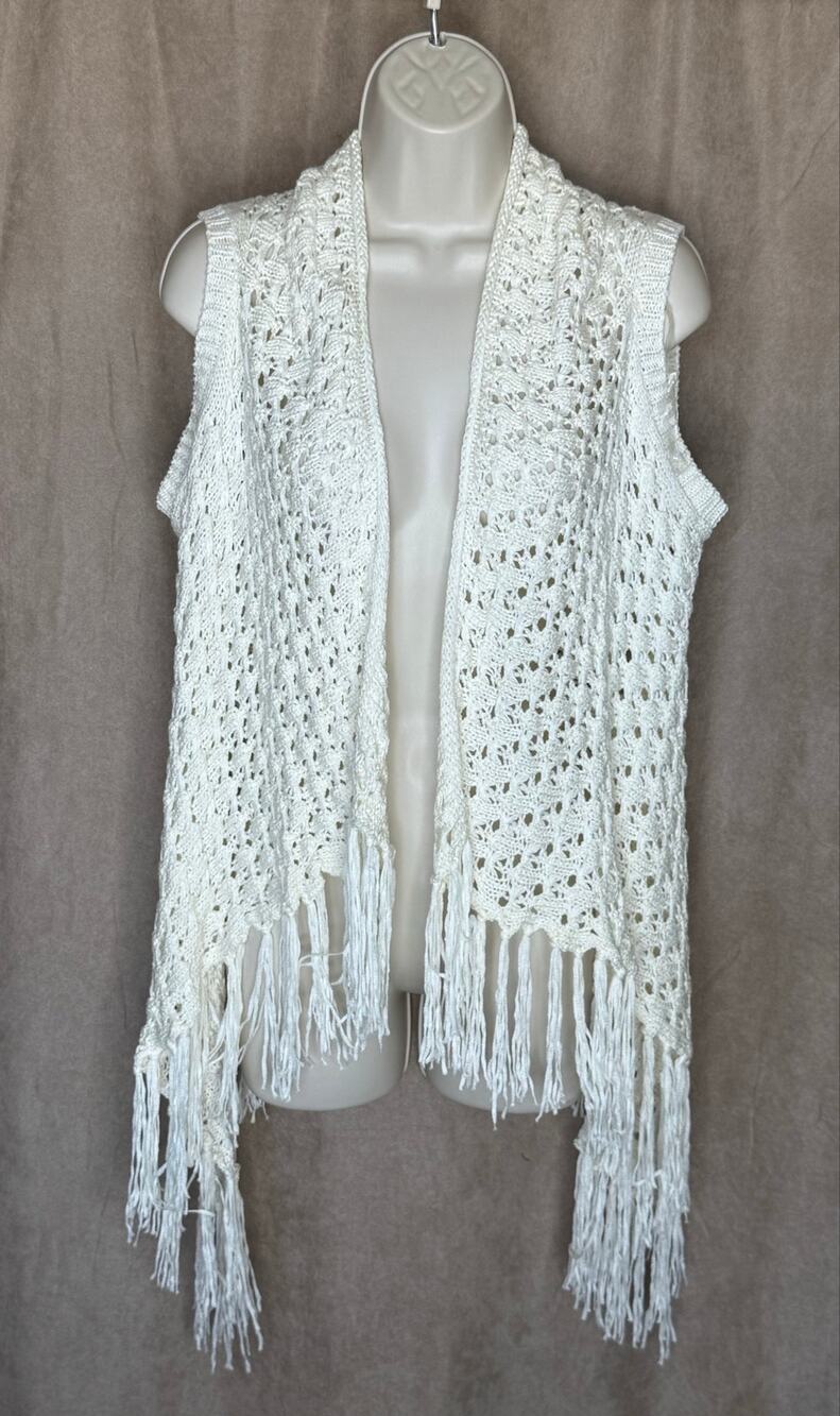 POL Boho Cream Open Weave Loose Knit Vest with Fringe S New